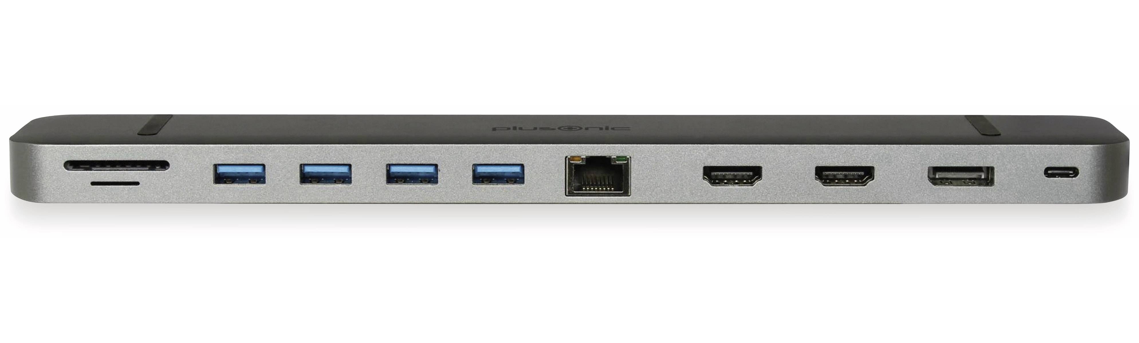 Frontansicht einer schlanken silbernen Laptop-Dockingstation mit mehreren Anschlüssen, darunter USB, Ethernet, HDMI und Audiobuchse.