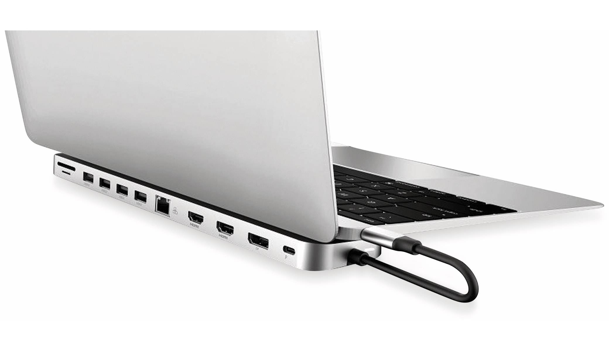 Laptop mit angeschlossenem USB-C-Docking-Hub, mehrere Anschlüsse und verbundene Kabel auf weißem Hintergrund