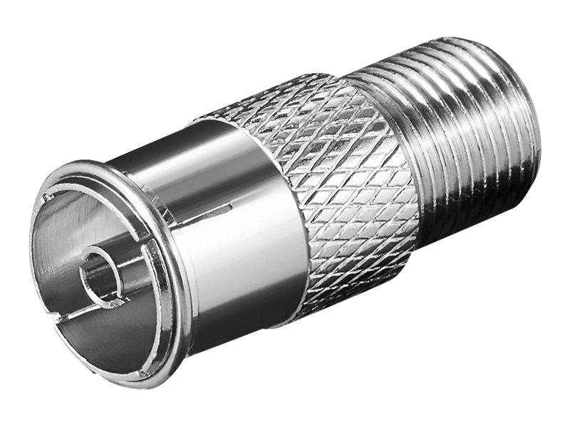 Metallischer koaxialer Kabeladapter mit gerilltem Griff und gewindeltem Ende, dargestellt auf weißem Hintergrund.