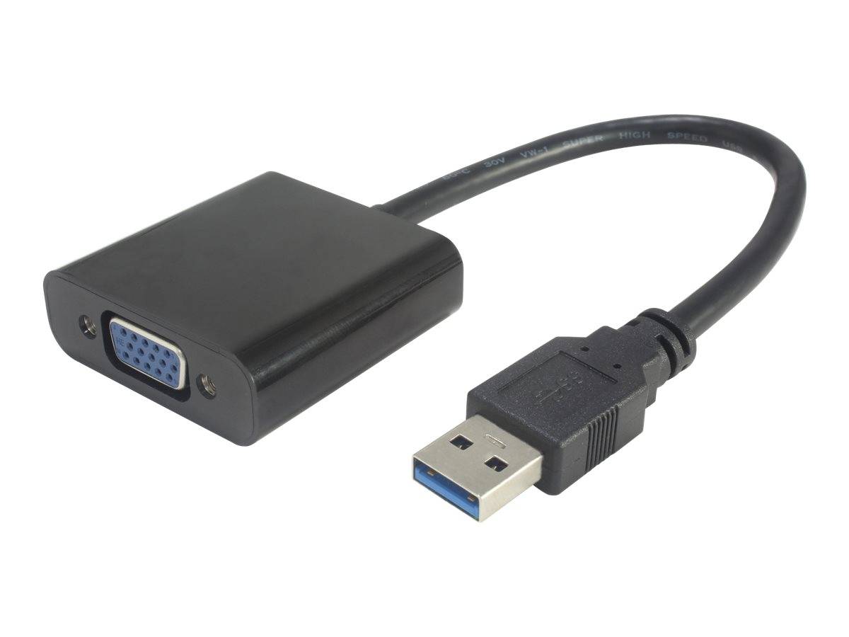 Ein schwarzer USB-zu-VGA-Adapter mit einem USB-Typ-A-Anschluss auf der einen Seite und einem VGA-Anschluss auf der anderen Seite.