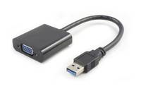 USB-zu-VGA-Adapter mit schwarzem Kabel und Anschlüssen, verwendet zum Verbinden eines USB-Anschlusses mit einem VGA-Anzeigebildschirm.