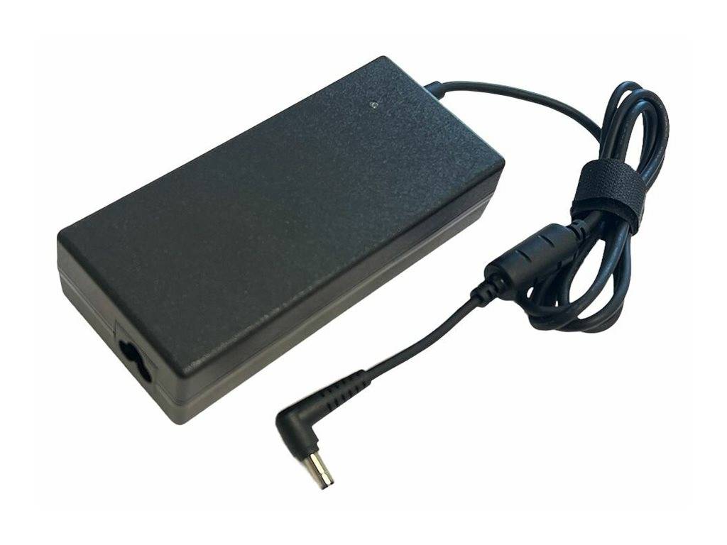 Ein schwarzer rechteckiger Netzadapter mit angeschlossenem Kabel und Stecker.