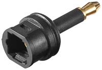Nahaufnahme eines schwarzen Audioadaptersteckers mit vergoldeter Spitze auf weißem Hintergrund.