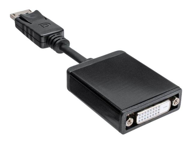 DisplayPort-zu-DVI-Adapterkabel mit schwarzem Stecker und weiblichem DVI-Anschluss, auf weißem Hintergrund abgebildet.