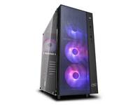 Ein Gaming-Desktop-Tower mit einer transparenten Seitenscheibe, die interne RGB-beleuchtete Lüfter zeigt, einem eleganten schwarzen Äußeren und vorderen Anschlüssen.