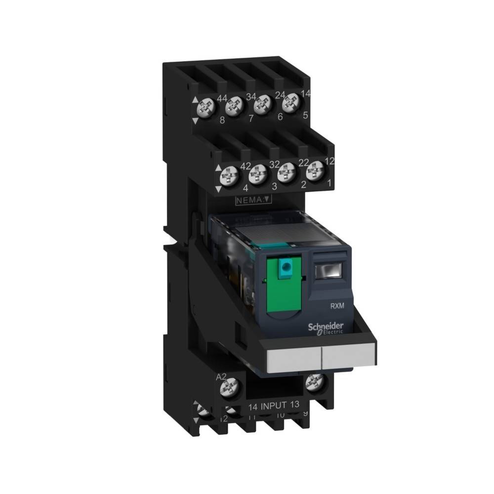 Schneider Electric Relaismodul, Modell NEMA 3, schwarzes Gehäuse mit mehreren Anschlusspunkten und einer grünen Frontblende.