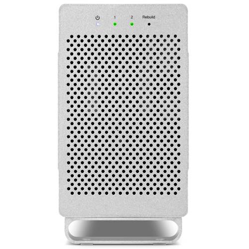 Vorderansicht einer silbernen externen Festplatte mit perforiertem Gehäuse, Statusleuchten mit den Beschriftungen Power, 1, 2 und Rebuild sowie einer griffartigen Basis.