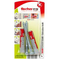 Packung mit zwei Wandankern und Schrauben für stabile Befestigung, geeignet für Anwendungen wie Ziegel, Beton und Stein. Marke: Fischer.