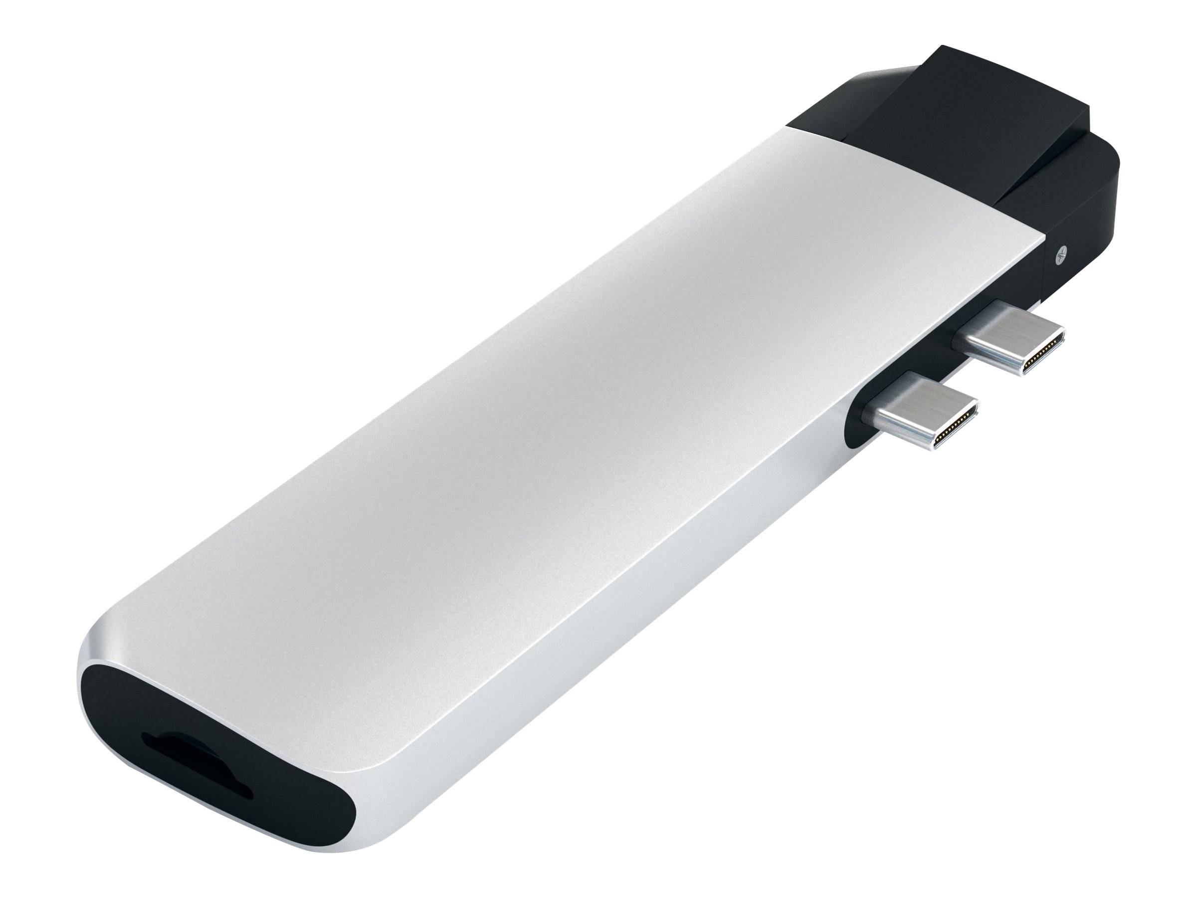 Silberner USB-C-Speicherstift mit schwarzer Kappe und dualen Anschlüssen, dargestellt auf weißem Hintergrund.