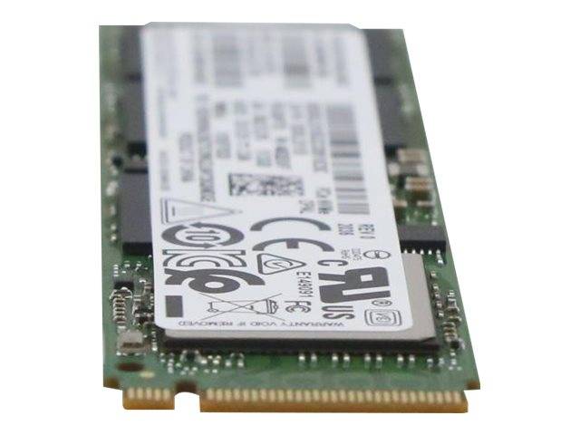 Nahaufnahme eines M.2-Solid-State-Drive-Moduls mit einem weißen Produktetikett auf einer grünen Leiterplatte.