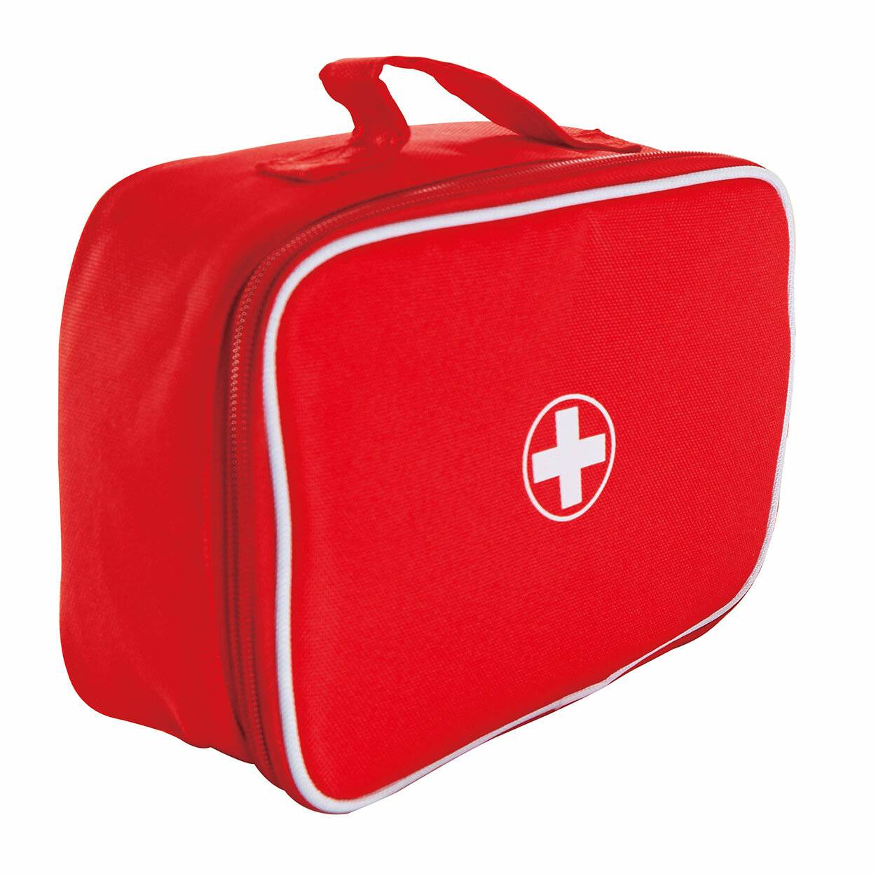 Rote Erste-Hilfe-Tasche mit weißem medizinischem Kreuzemblem und Reißverschlussabschluss auf weißem Hintergrund.