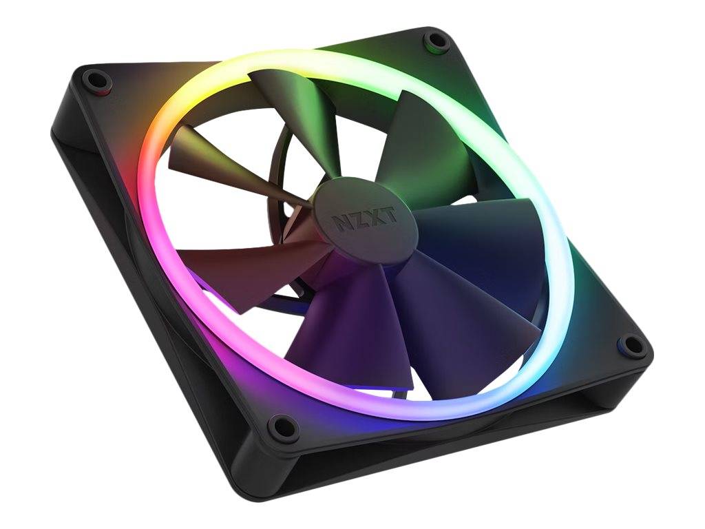 Schwarzer PC-Kühlventilator mit RGB-LED-Ring, der in einem Regenbogenverlauf um die Blätter leuchtet.