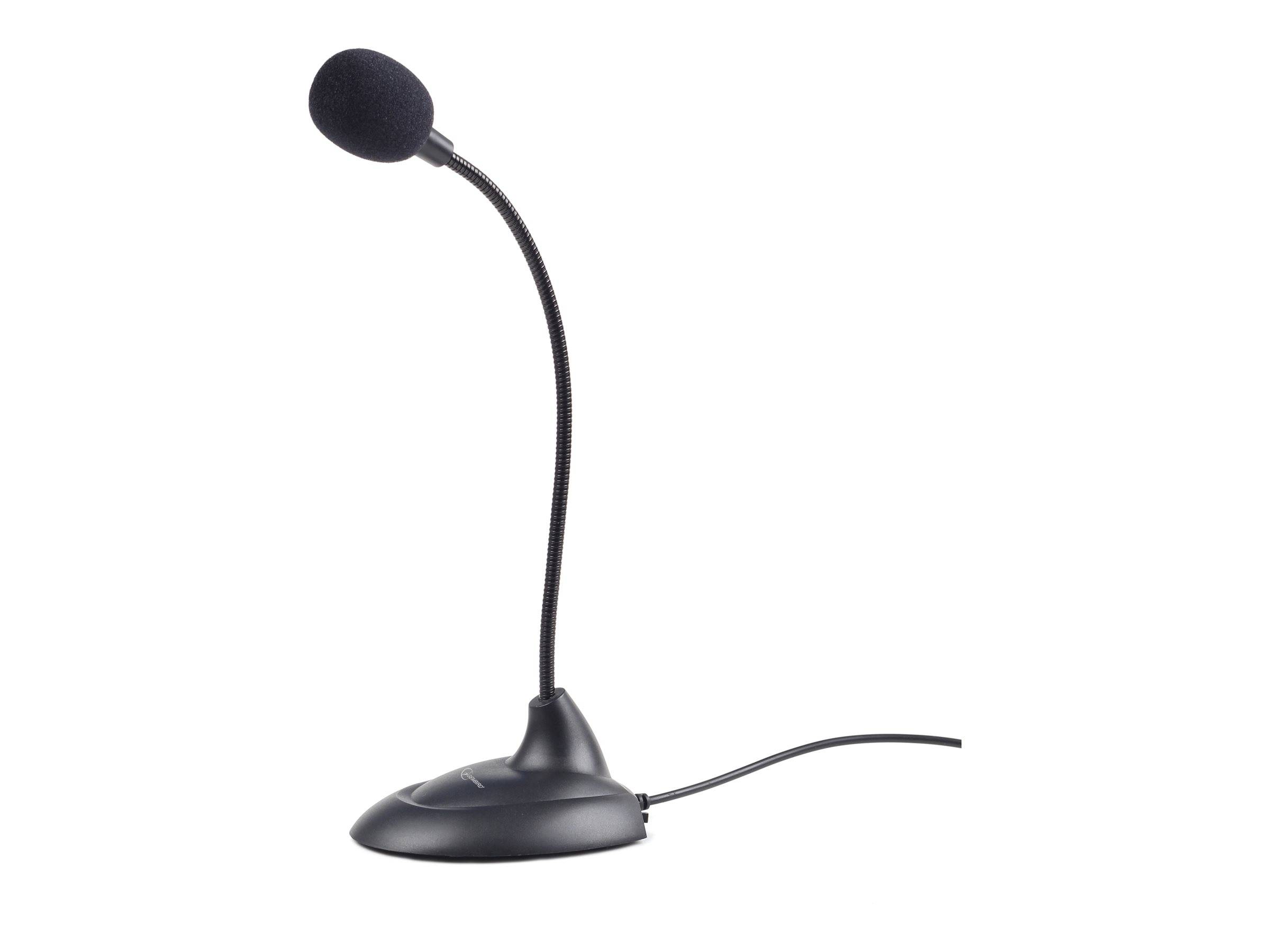 Ein schwarzes Schreibtisch-Mikrofon mit flexiblem Schwanenhals-Ständer und runder Basis, geeignet für Aufnahmen oder Kommunikationszwecke.