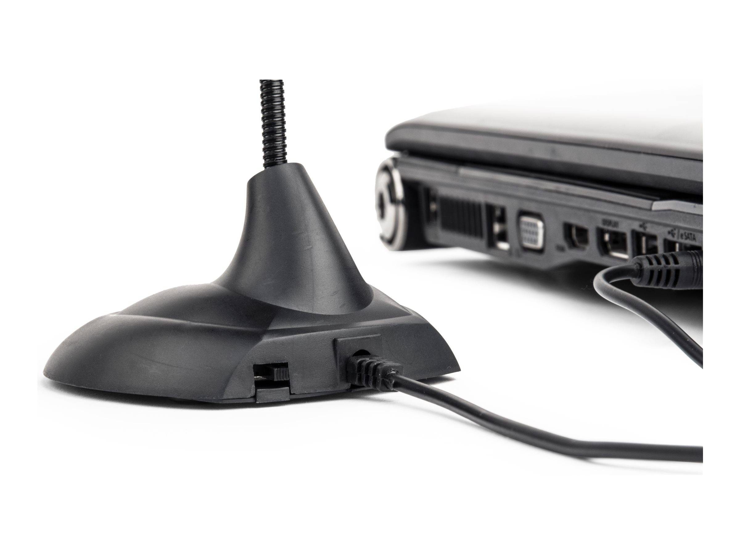 Eine schwarze kabellose Antenne mit Kabel ist an einem Laptop angeschlossen, der teilweise zu sehen ist. Die seitlichen Anschlüsse des Laptops und ein Teil des Bildschirms sind sichtbar.