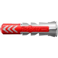 Roter und silberner Fischer Wandstecker mit Expansionsrippen und Pfeilmarkierungen, dargestellt vor weißem Hintergrund.