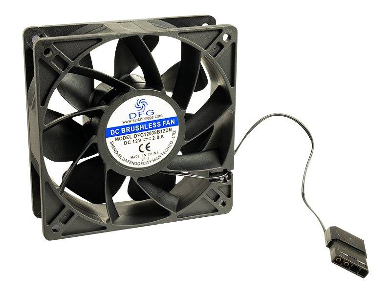 Schwarzer DC-Bürstenloser Kühlventilator mit angebrachtem Stromanschluss und Kabel auf weißem Hintergrund.
