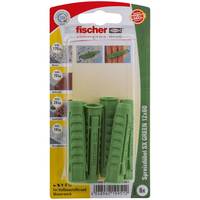 Verpackung von Fischer Dübeln, grün, Modell SX GREEN 12x60, für 12mm Bohrer und Lasten bis zu 50 kg in massivem Mauerwerk. Enthält sechs Dübel.