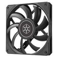 Schwarzer Computer-Kühlventilator mit neun Blättern und quadratischem Rahmen, von vorne auf weißem Hintergrund gezeigt.