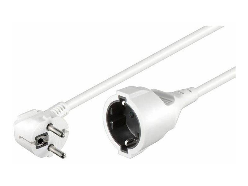 Weißes Stromverlängerungskabel mit zweipoligem europäischem Stecker auf der einen Seite und Steckdose auf der anderen Seite.