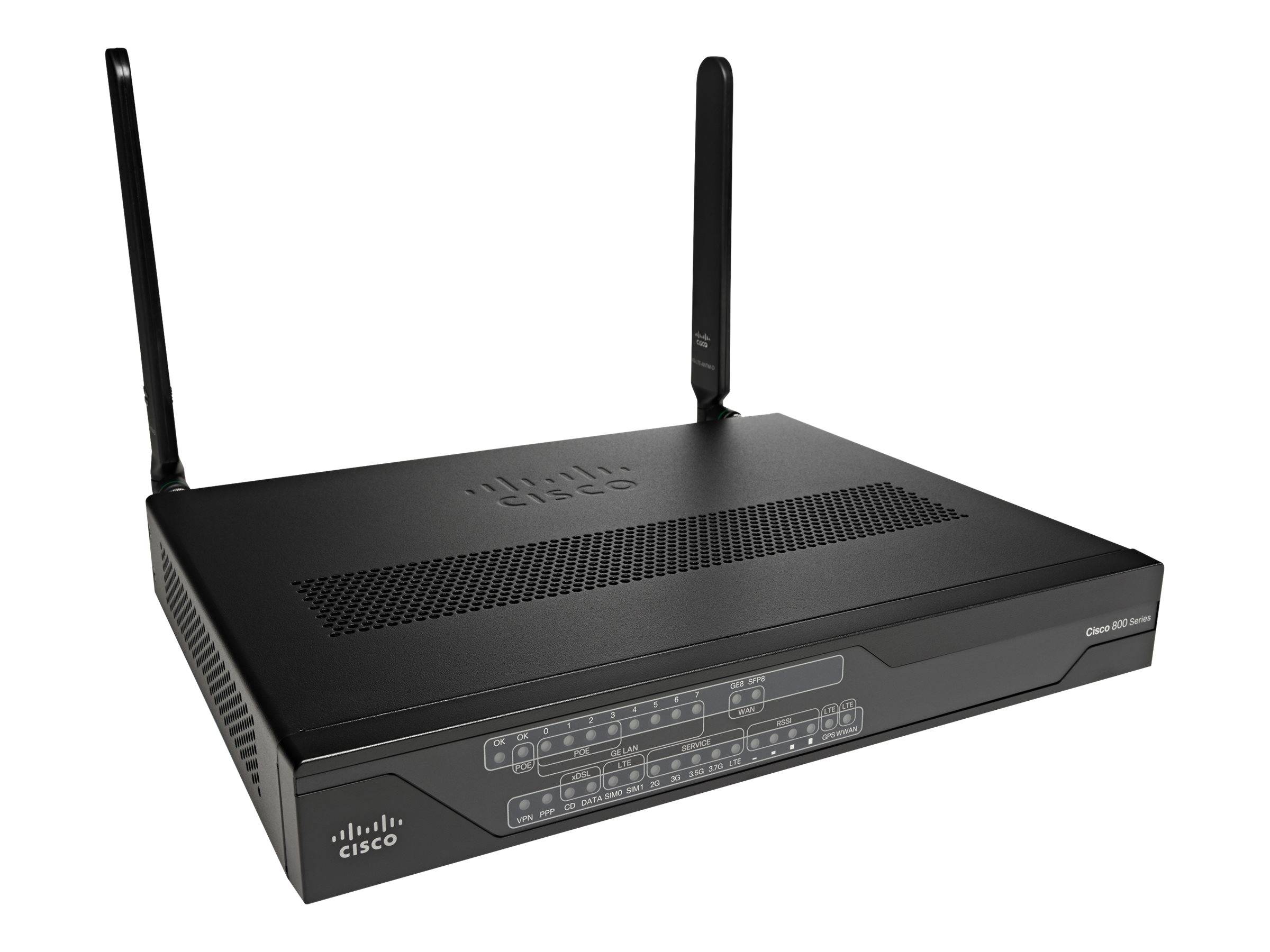 Cisco WLAN-Router mit zwei aufrecht stehenden Antennen, in einer Frontlinksansicht auf weißem Hintergrund dargestellt.