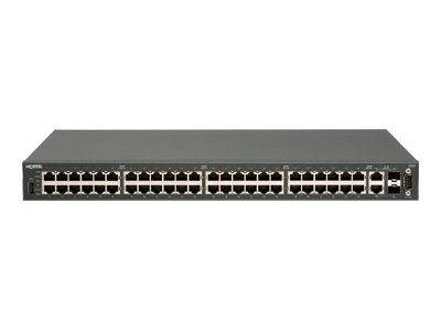 Frontansicht eines Rack-Mount-Netzwerk-Switches mit vielen Ethernet-Anschlüssen auf einem grauen Gehäuse.