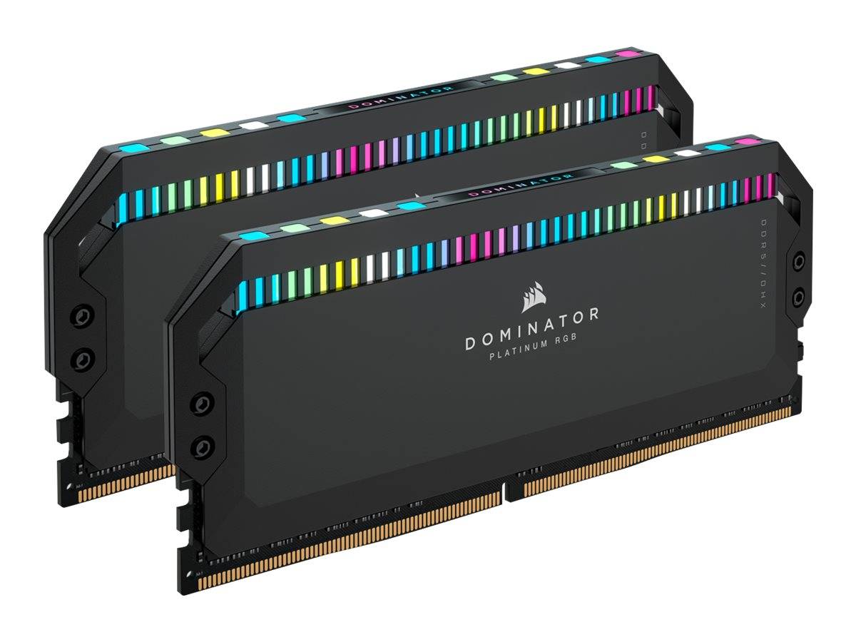 Zwei Corsair Dominator Platinum RGB Speichermodule mit schwarzen Kühlkörpern und mehrfarbigen LED-Leuchtleisten.