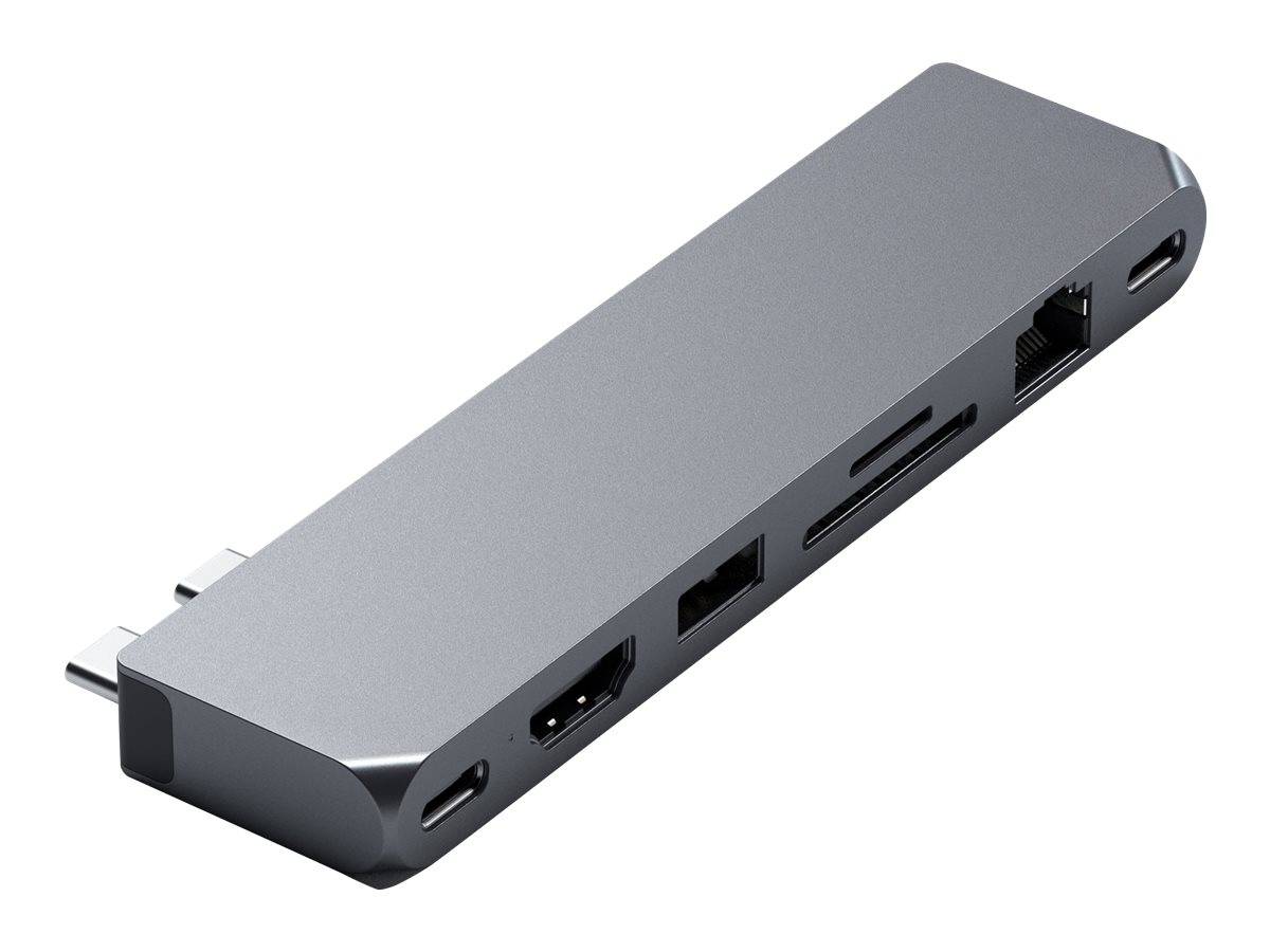 Schlanker, metallischer USB-C Hub mit mehreren Anschlüssen: USB-C, USB-A, HDMI, Ethernet und SD-Kartenslot, entwickelt zum Anschluss verschiedener Geräte.