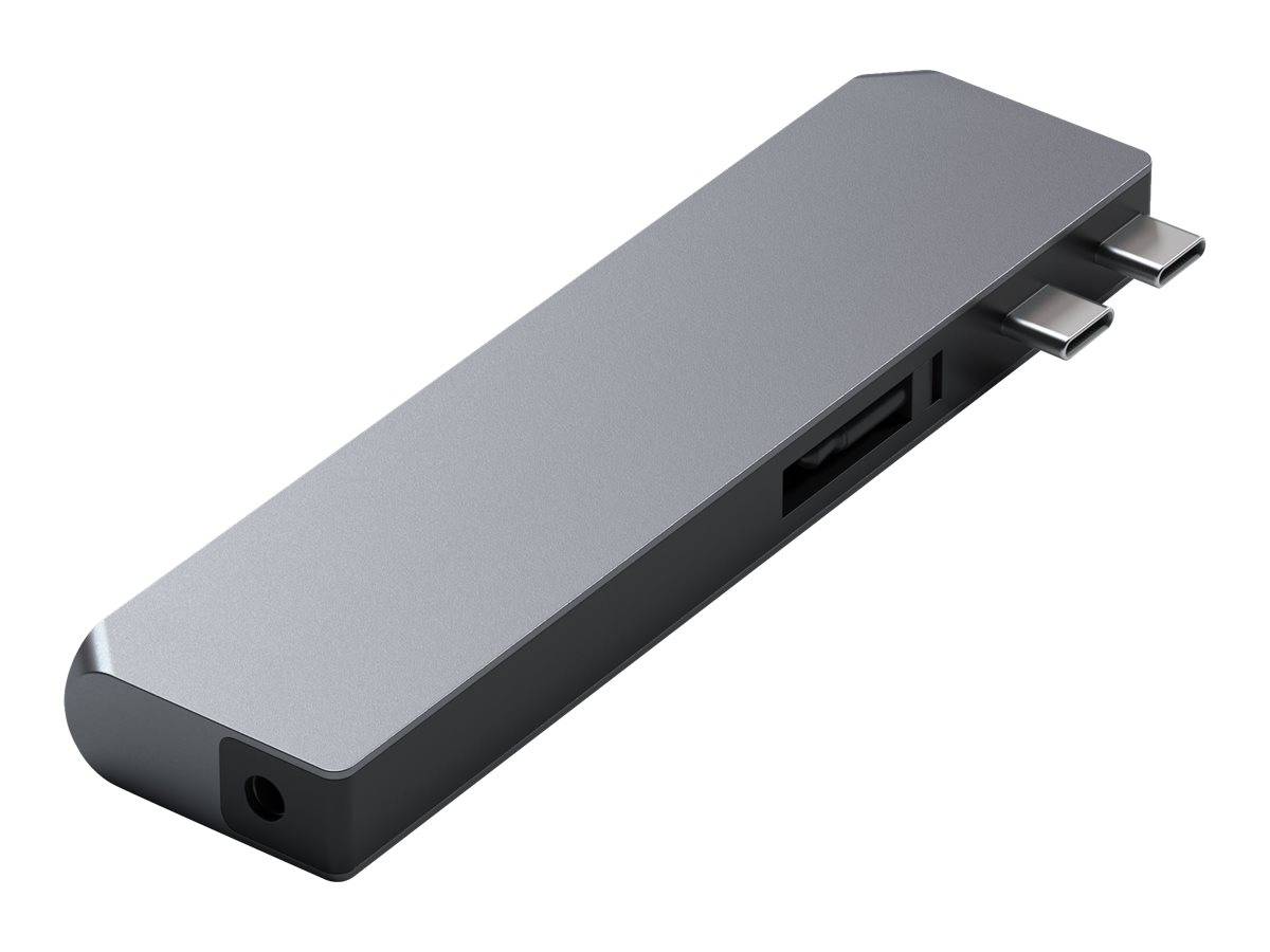 Ein schlanker grauer USB-C Hub mit mehreren Anschlüssen, einschließlich USB- und SD-Kartensteckplätzen, entwickelt zur Erweiterung der Konnektivitätsoptionen von Geräten.
