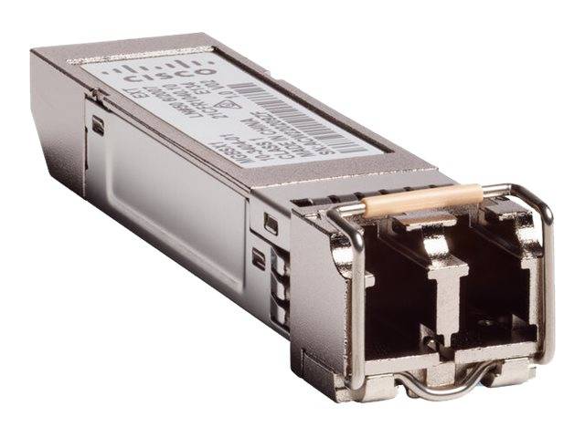 Eine Nahaufnahme eines Metall-Cisco-Transceiver-Moduls mit zwei LC-Duplex-Anschlüssen und Modellinformationen, die auf der Seite gekennzeichnet sind.