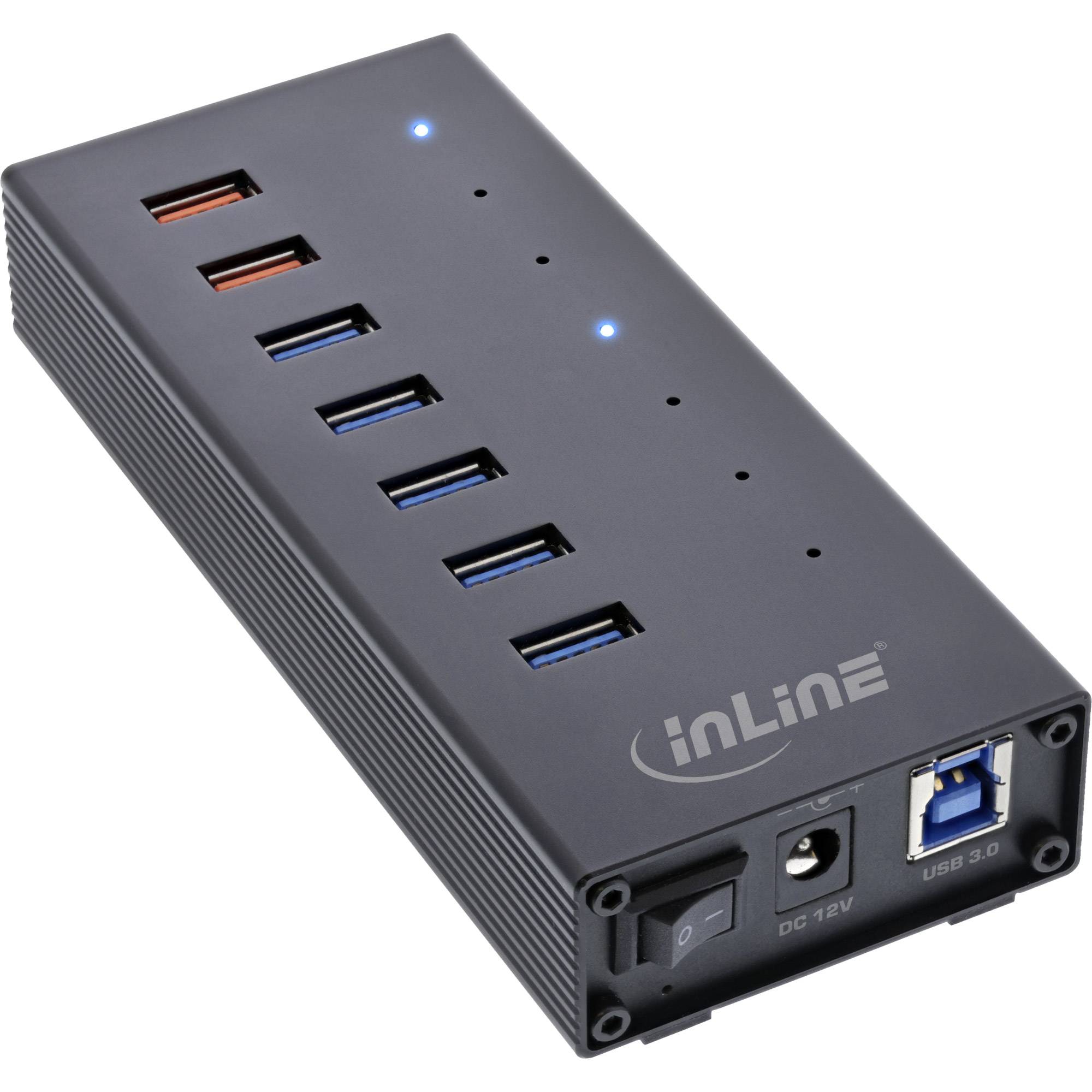 Schwarzer 7-Port-USB-Hub mit zwei beleuchteten Status-LEDs, USB-3.0-Upstream-Port, DC-12V-Stromanschluss und Ein-/Ausschalter.