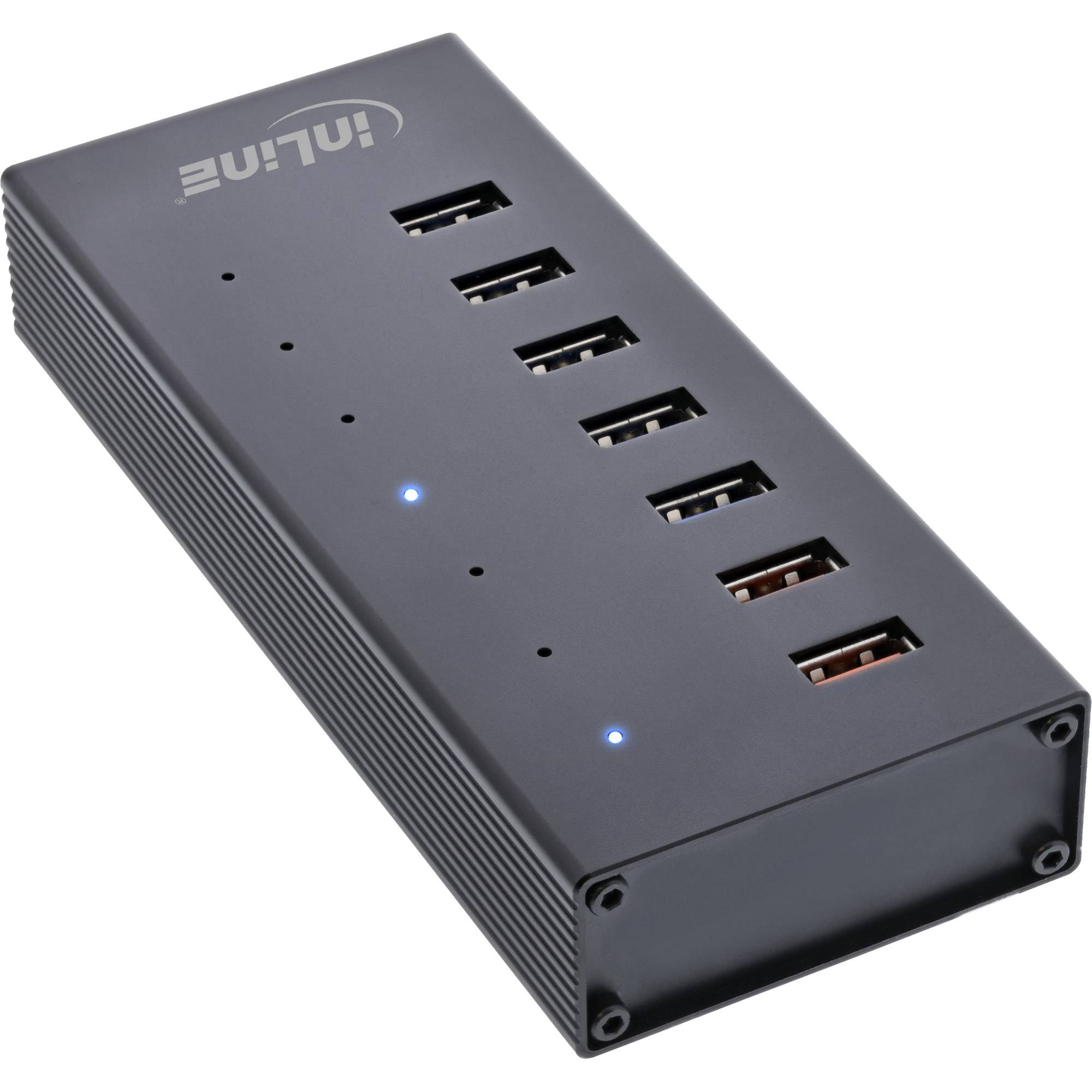 Schwarzer USB-Hub mit sechs Anschlüssen und zwei blauen Status-LEDs auf weißem Hintergrund.