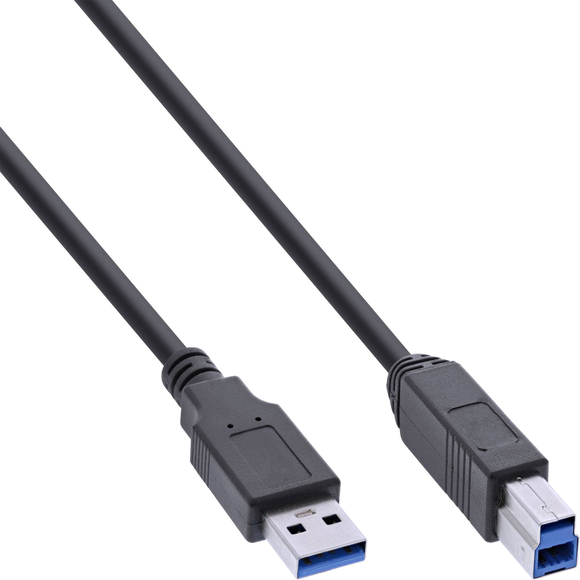 Zwei schwarze USB-Kabel mit unterschiedlichen Steckern: eines mit USB-A und eines mit USB 3.0 Type-B, gezeigt auf weißem Hintergrund.