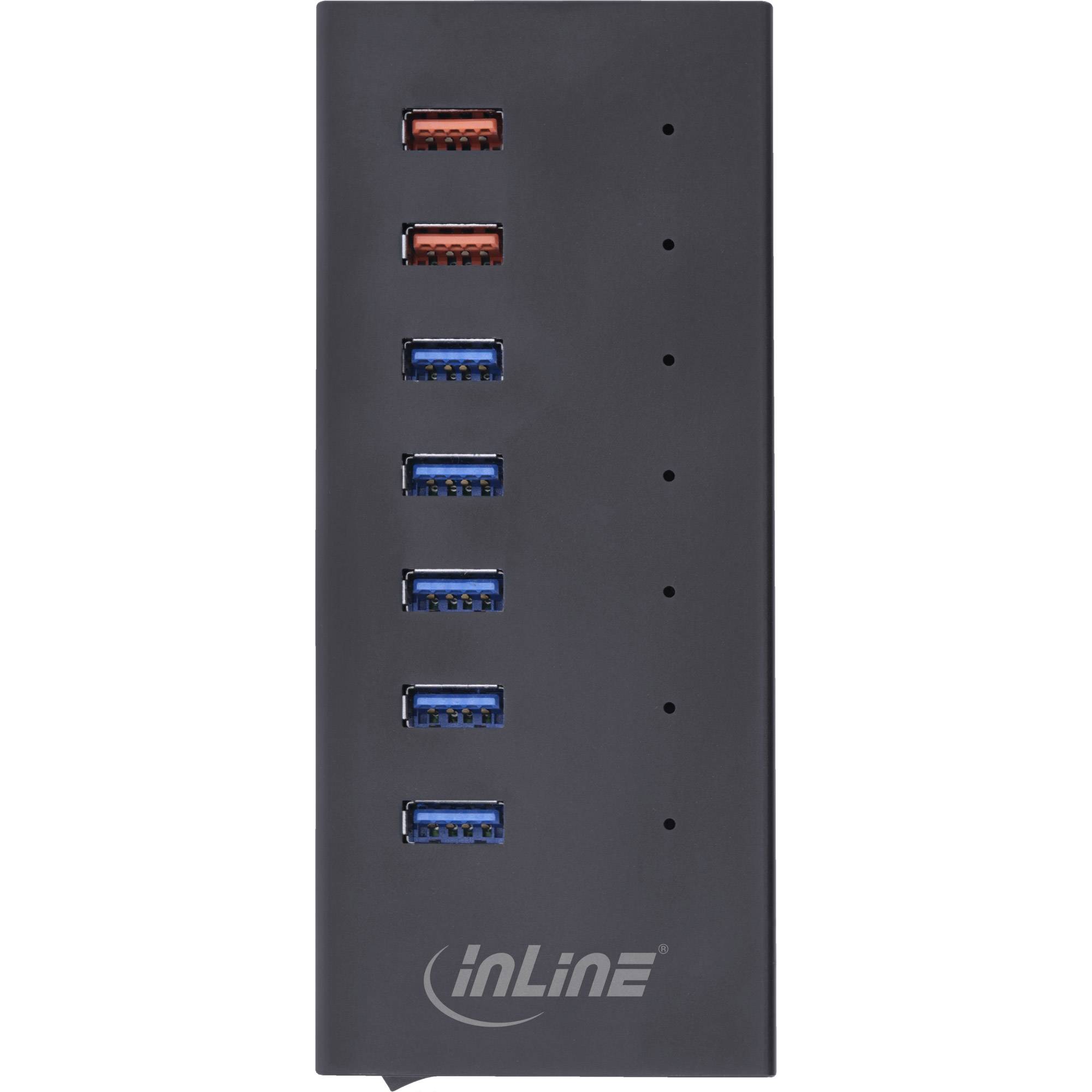 Schwarzer vertikaler USB-Hub mit zwei orangefarbenen USB-2.0-Anschlüssen und vier blauen USB-3.0-Anschlüssen, plus Anzeigelichter und inLine-Logo.