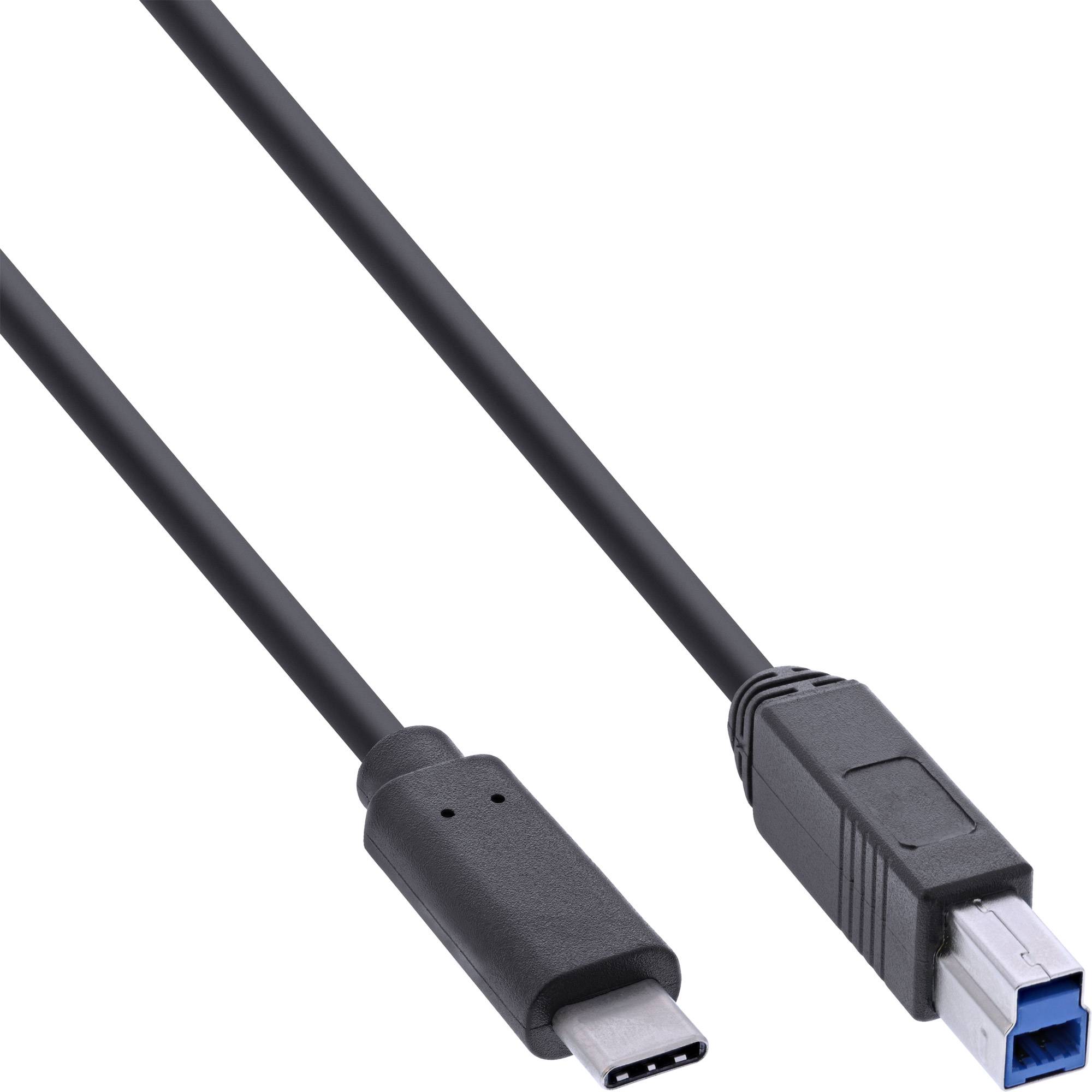 Schwarzes USB-C-auf-USB-B-Druckerkabel mit geformten Anschlüssen auf weißem Hintergrund.