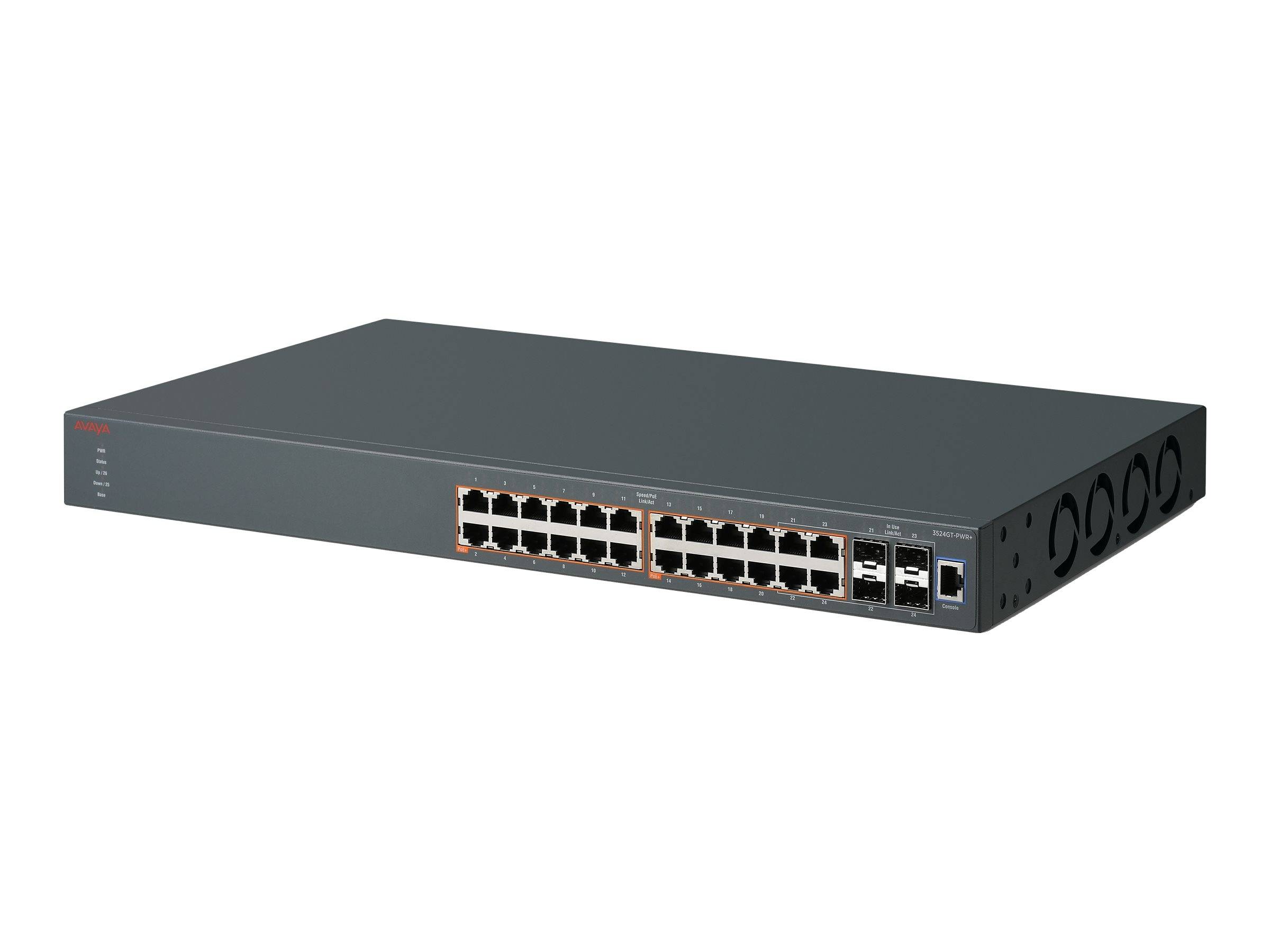 Rack-montierter Netzwerk-Switch mit 24 Ethernet-Anschlüssen und 4 Uplink-Anschlüssen auf der Frontplatte, dargestellt in einem schwarzen Metallgehäuse.
