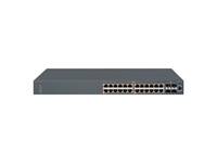 Vorderansicht eines grauen Netzwerk-Switches mit mehreren Ethernet-Anschlüssen und Statusleuchten auf weißem Hintergrund