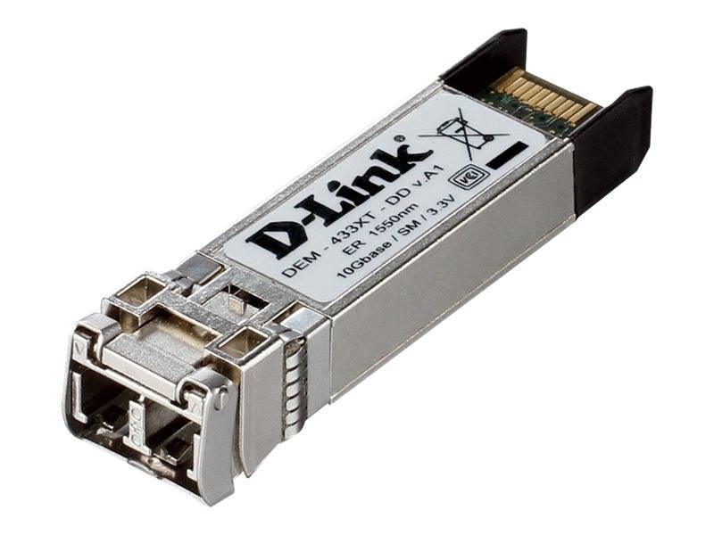 D-Link Faseroptik-Transceiver-Modul mit Metallgehäuse und Anschlussanschlüssen, dargestellt auf weißem Hintergrund.