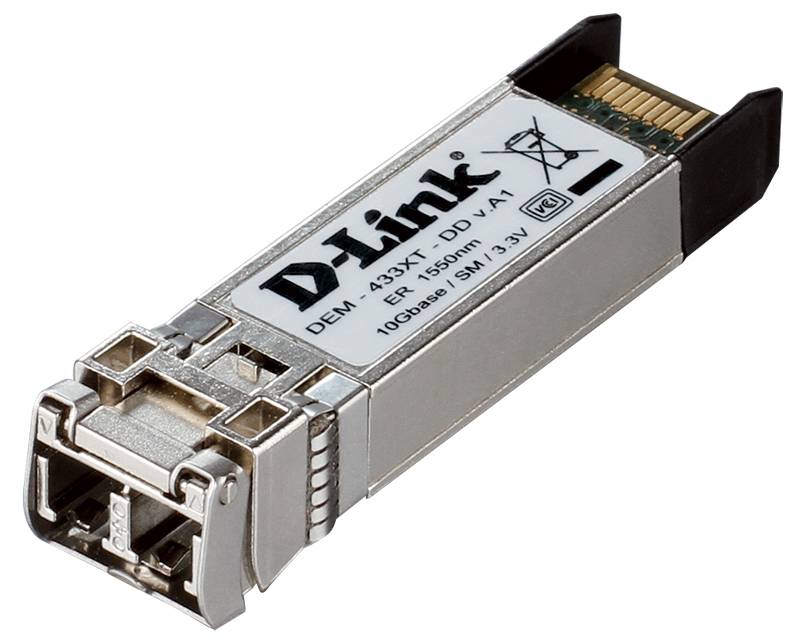 Ein D-Link SFP-Transceiver-Modul mit Metallgehäuse und schwarzen Zugregistern, dargestellt auf weißem Hintergrund.