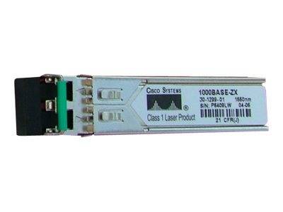 Cisco Systems 1000BASE-ZX Glasfaser-Transceiver-Modul mit Metallgehäuse und schwarzem Steckeranschluss auf weißem Hintergrund.