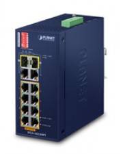 Industrie-Ethernet-Switch mit acht RJ45-Anschlüssen und grünem Stromversorgungsklemmenblock, gezeigt in einem blauen Metallgehäuse.