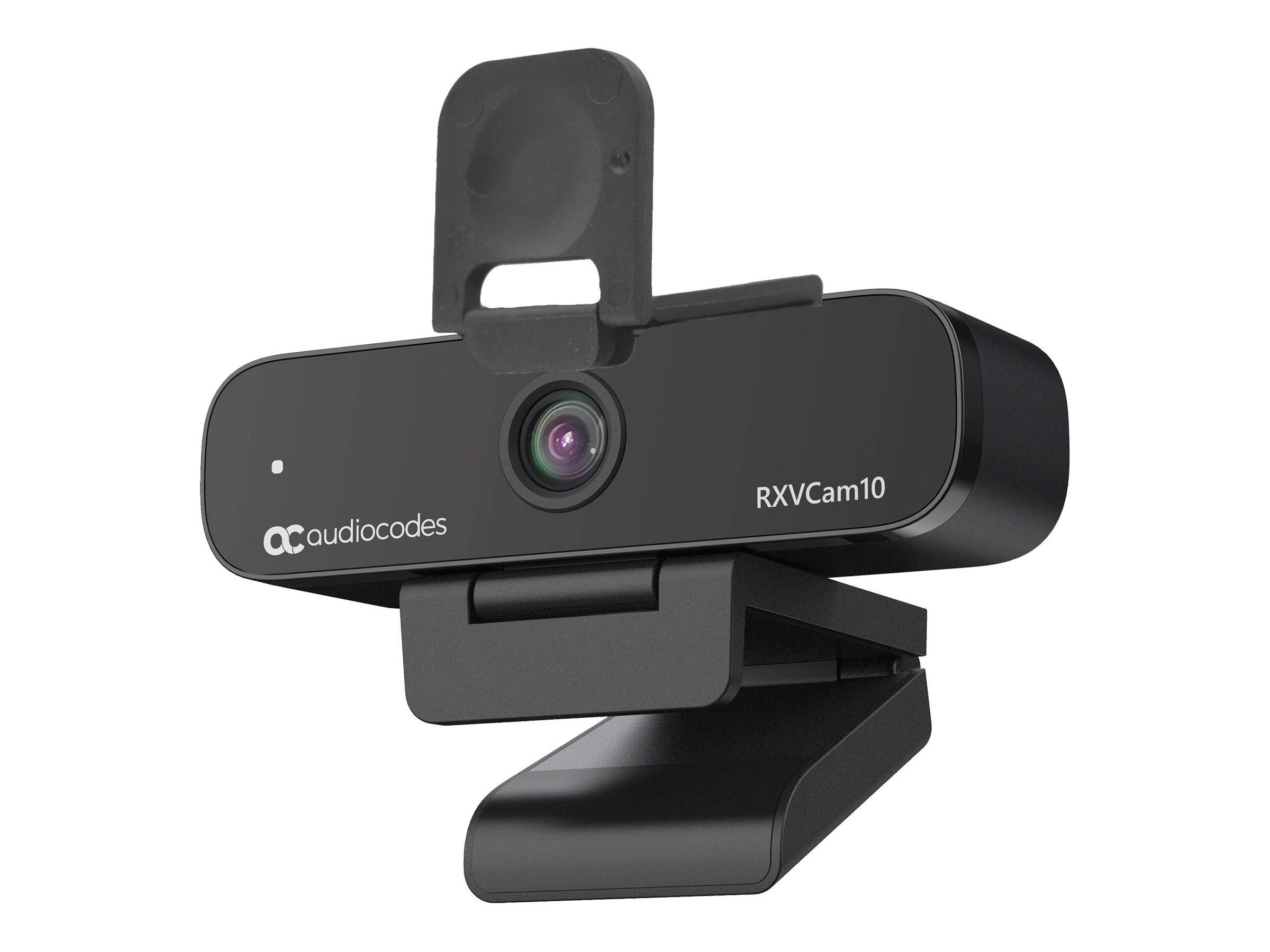 Schwarze AudioCodes RXVCam10 Webcam mit Befestigungsclip, Vorderansicht auf weißem Hintergrund.