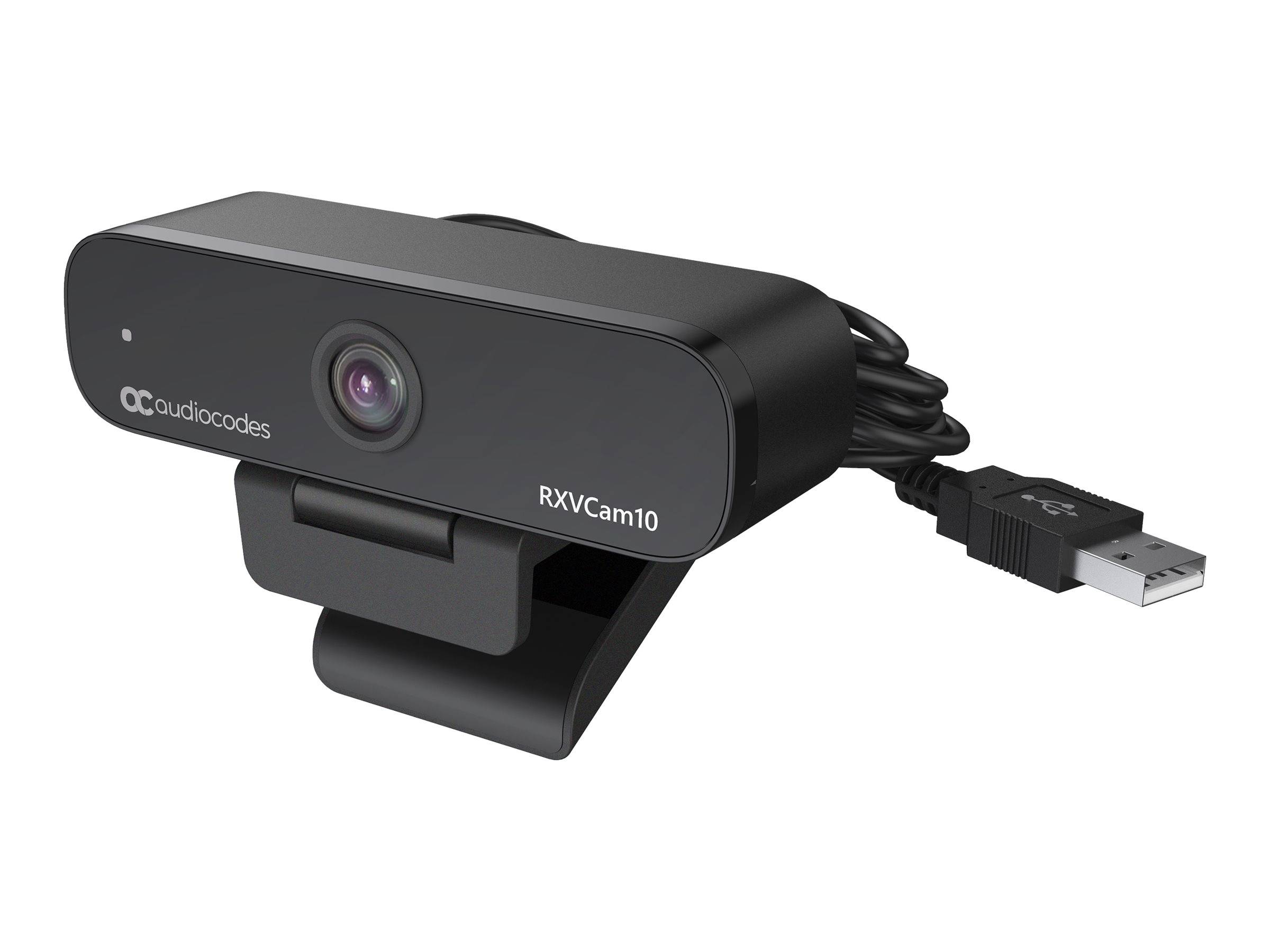 Schwarze AudioCodes RXVCam10 USB-Webcam mit Klemmhalterung und angeschlossenem Kabel auf weißem Hintergrund.