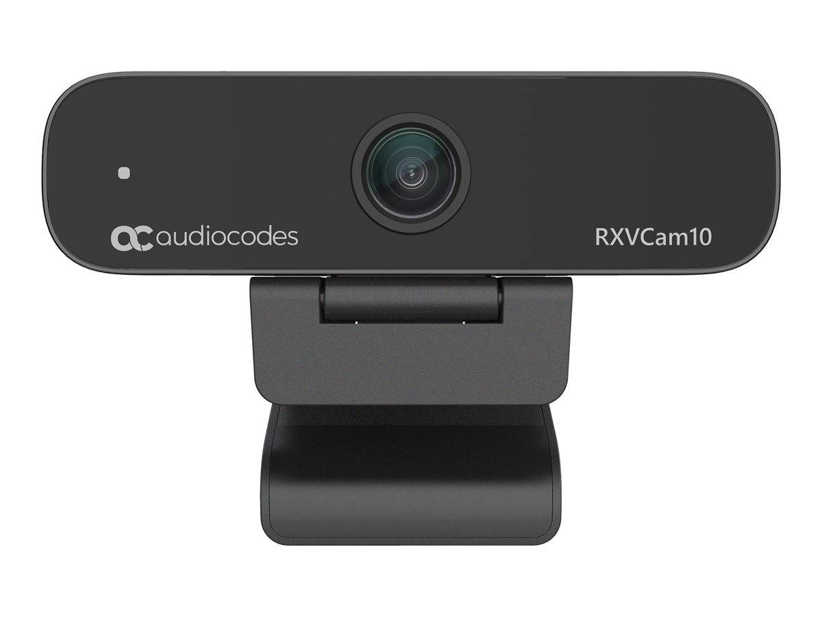 Frontansicht einer schwarzen AudioCodes RXVCam10-Webcam mit zentralem Objektiv und Clip-Halterung auf weißem Hintergrund.