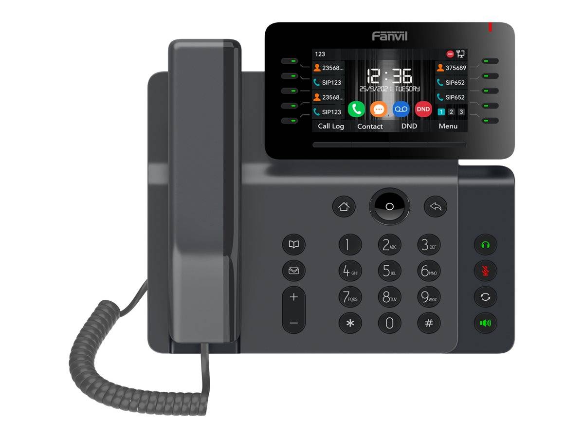 Schwarzes Fanvil-Tischtelefon mit Hörer, Tastenfeld und farbigem Touchscreen, der Anrufoptionen und Uhrzeit auf weißem Hintergrund anzeigt.