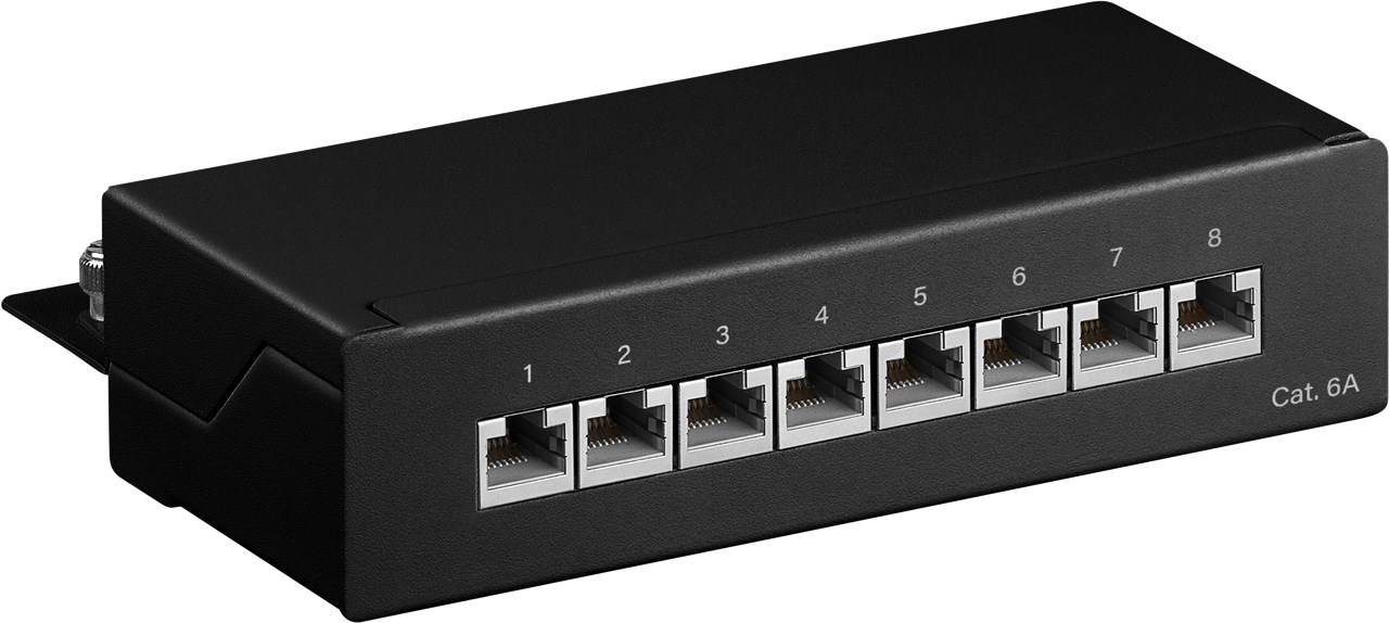 Ein Netzwerk-Switch mit acht beschrifteten Ethernet-Anschlüssen, die von 1 bis 8 nummeriert sind und zum Verbinden von Geräten in einem lokalen Netzwerk verwendet werden.
