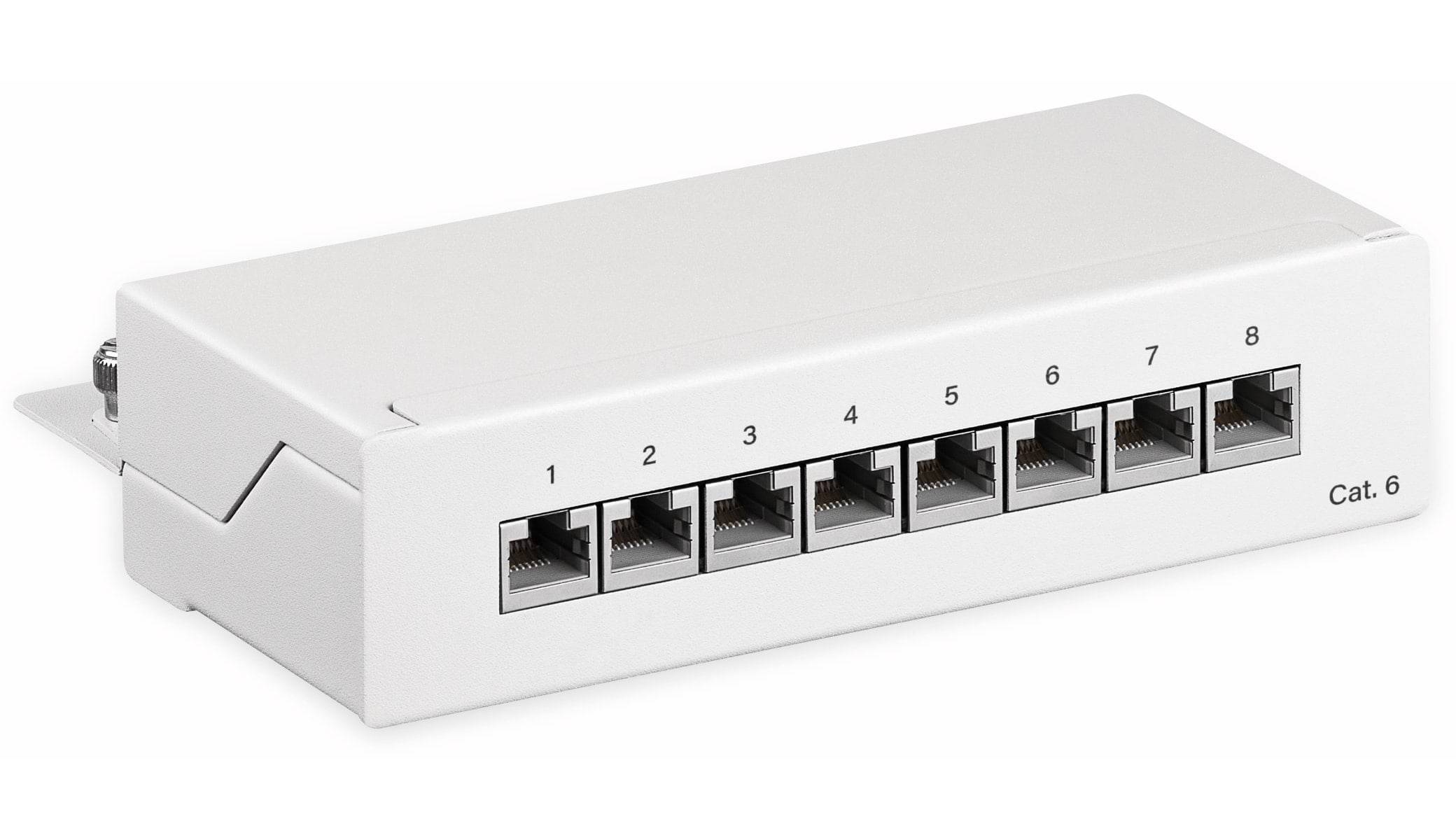 Ein Ethernet-Switch mit acht nummerierten Anschlüssen für Netzwerkverbindungen.