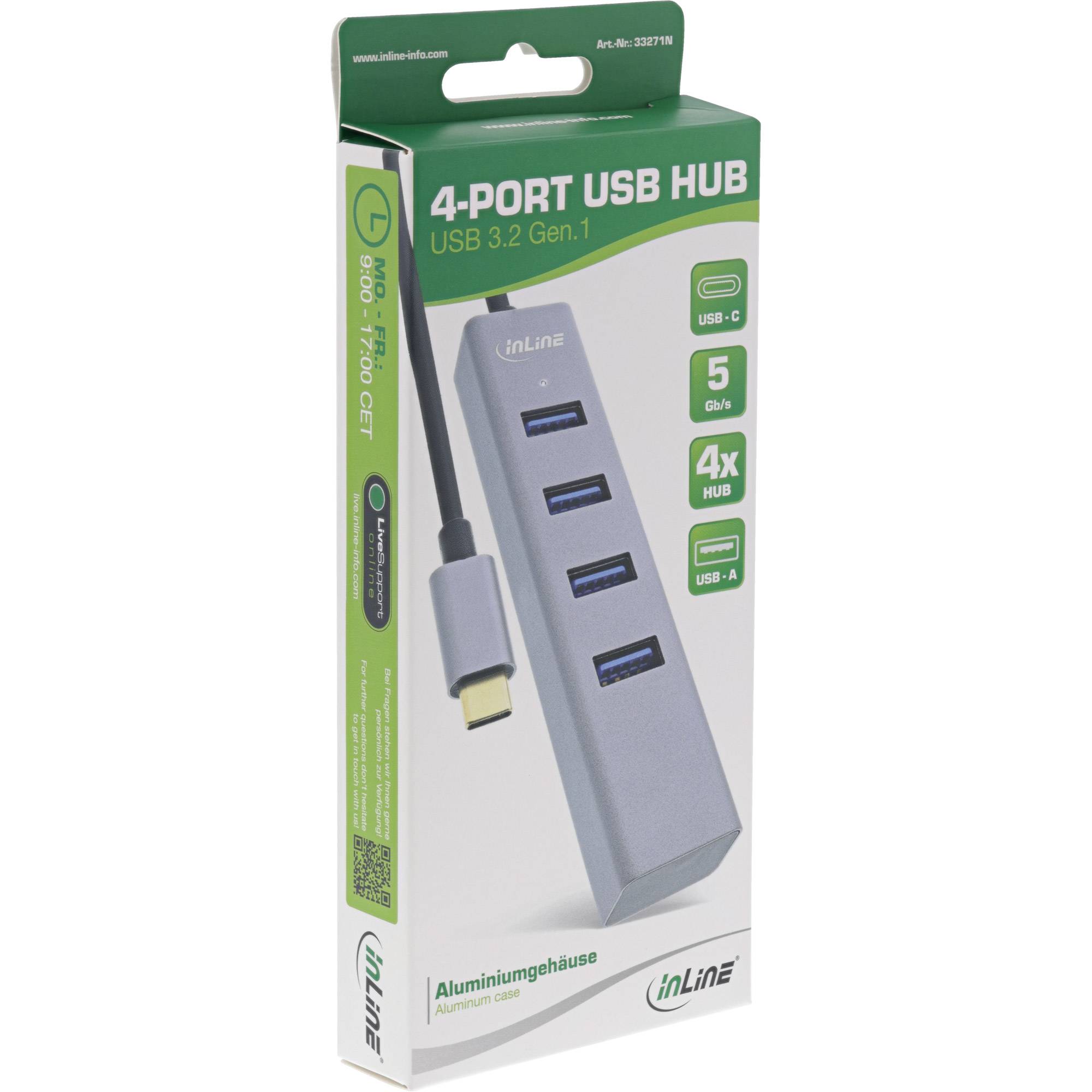 INLINE - USB-C 3.2 Multi Hub (4x USB-A 5Gb/s) - OTG - Aluminiumgehäuse
