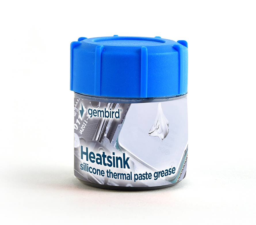 Behälter mit Gembird-Kühlkörper-Silikon-Wärmeleitpaste mit blauem Schraubverschluss auf weißem Hintergrund.