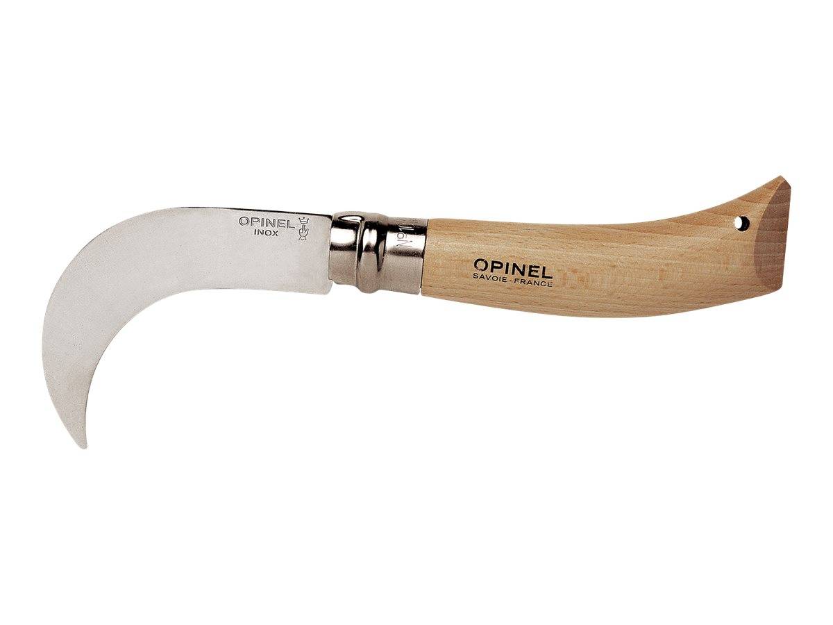 Gekrümmtes Opinel-Klappmesser mit Holzgriff auf weißem Hintergrund.