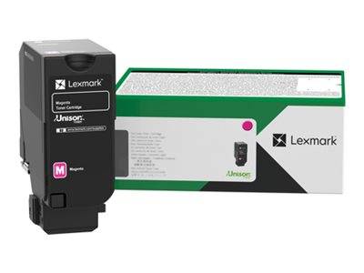 Lexmark-Magentatomerkassette vor ihrer grün-weißen Produktverpackung.